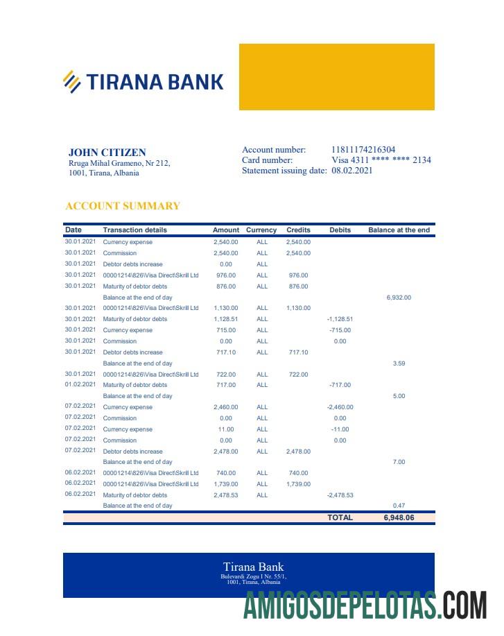 Albania Tirana Bank Statement Xls modelo